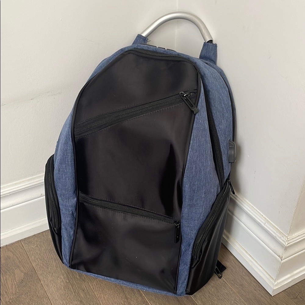 Tech Laptop Backpack Multi Pocket Metal Handle Black Blue One Size